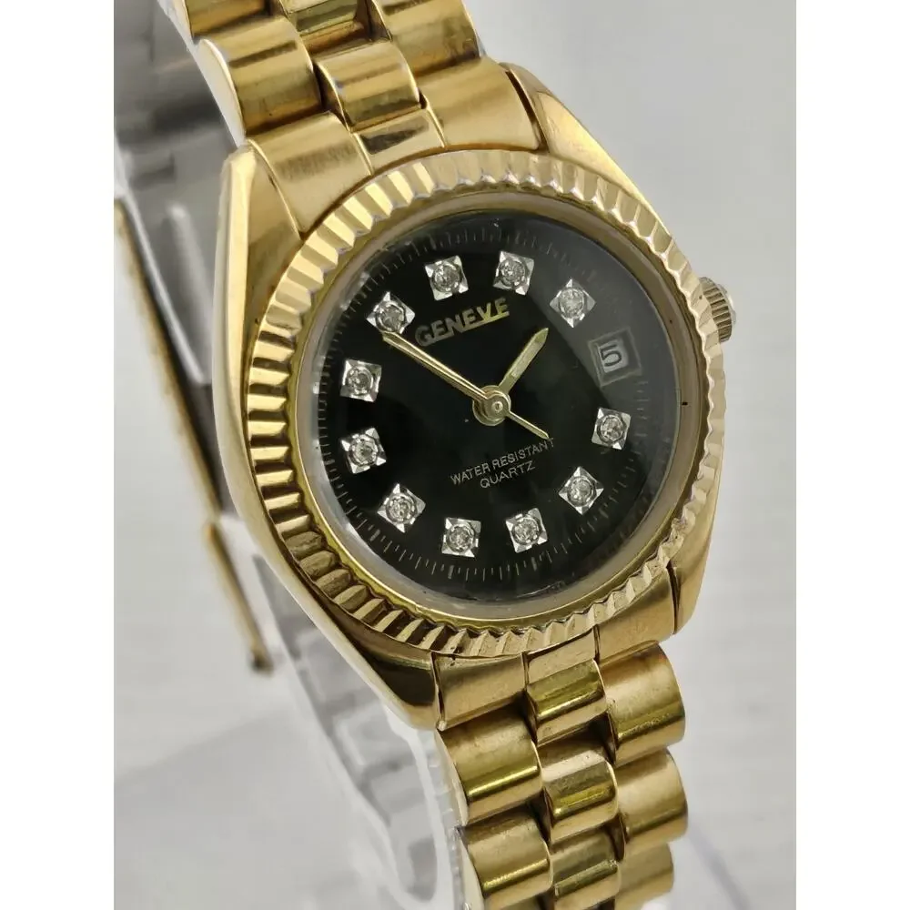 Ladies GENEVE Watch Presidential Bezel Date New Battery Crystal Dial Runs Nice!